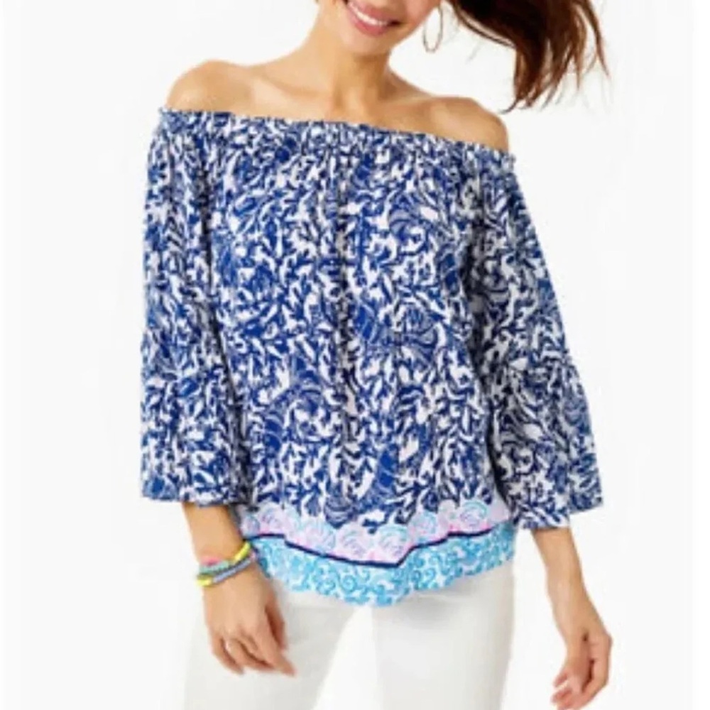 LILLY PULITZER Nevie Off The Shoulder Top XXS Oyster Bay Blue Krillin It NWT